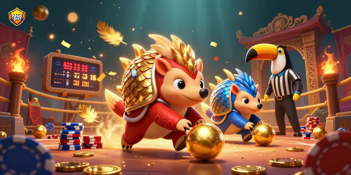 Experience exciting gameplay with zeus slot in a vibrant 3D illustration showcasing pangolins and casino elements.