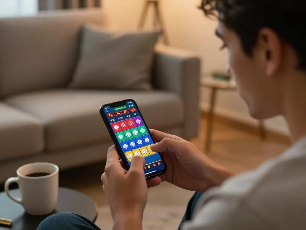 Player placing a bet on a tài xỉu mobile app while enjoying a cozy home atmosphere