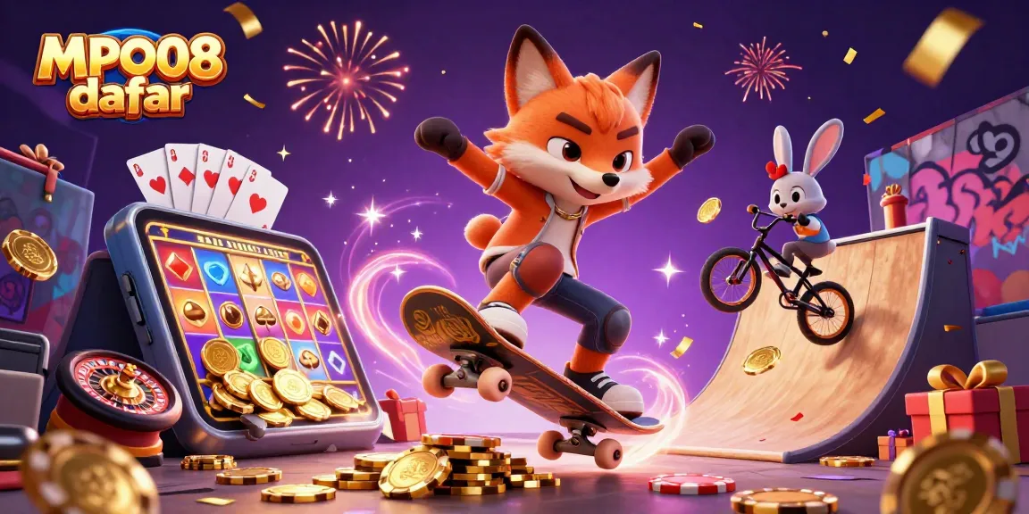 Experience thrilling free spins and games at MPO08 daftar, featuring dynamic casino-themed characters and vibrant visuals.