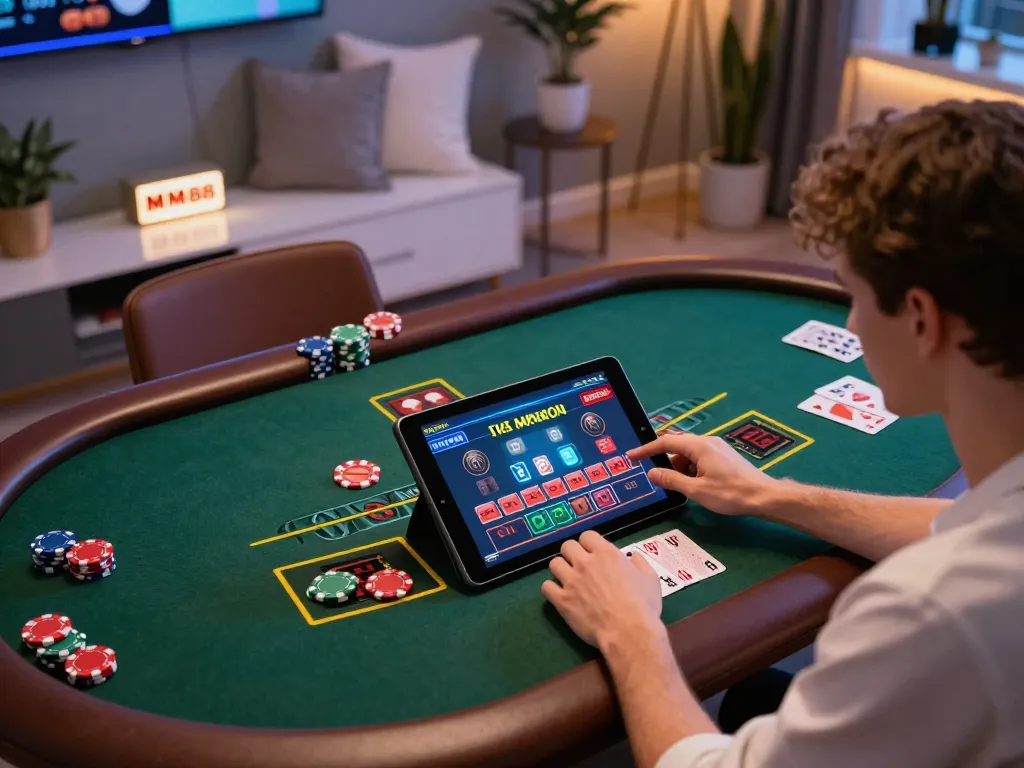 Play MM88 online blackjack on tablet, showcasing strategic gameplay and betting options in a home setting