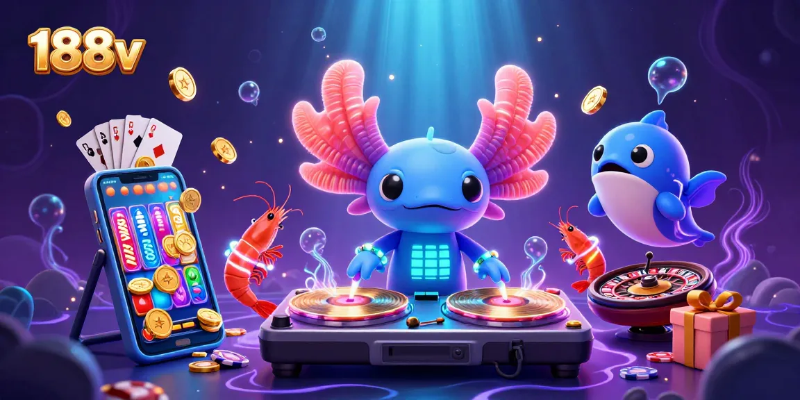 Experience thrilling gaming with 188v's vibrant axolotl DJ and casino-themed 3D scene.