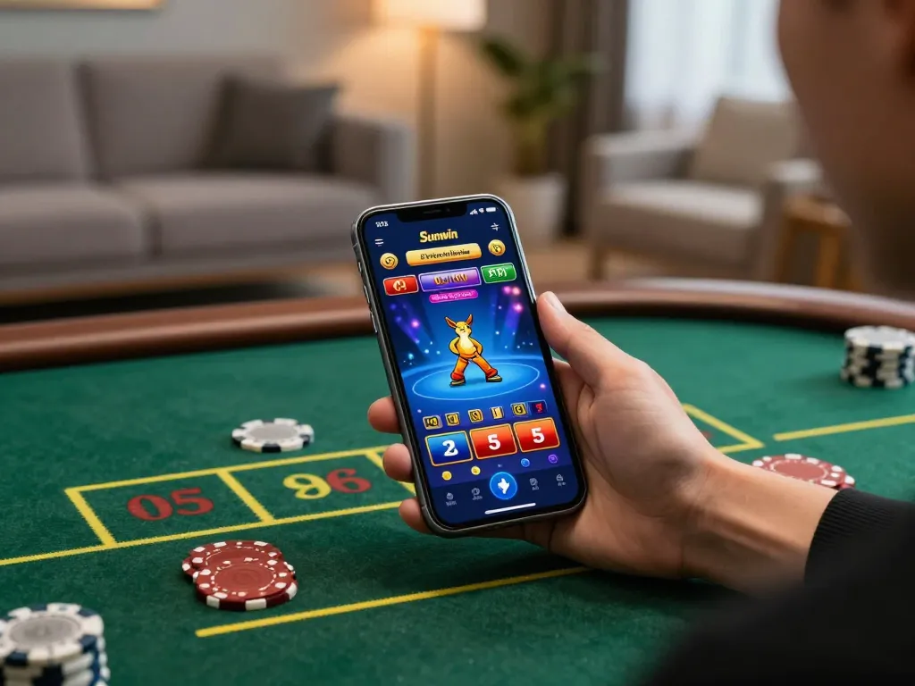Join the excitement of online gambling with LINK SUNWIN as a user engages with the casino app in a cozy setting.