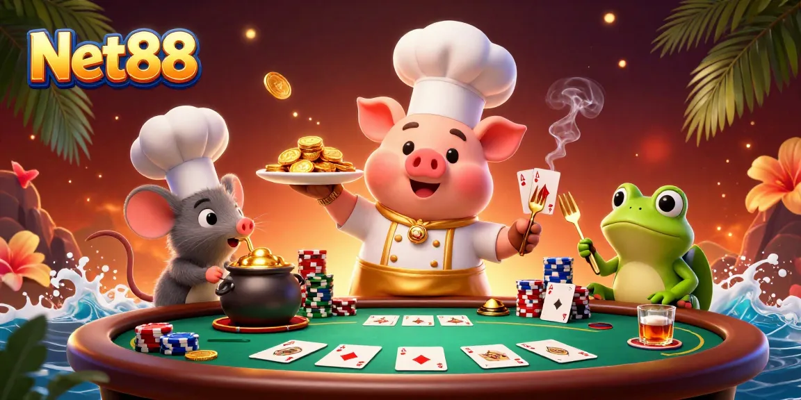Engage with Net88's vibrant gaming scene featuring a chef pig, mouse, and frog in action.