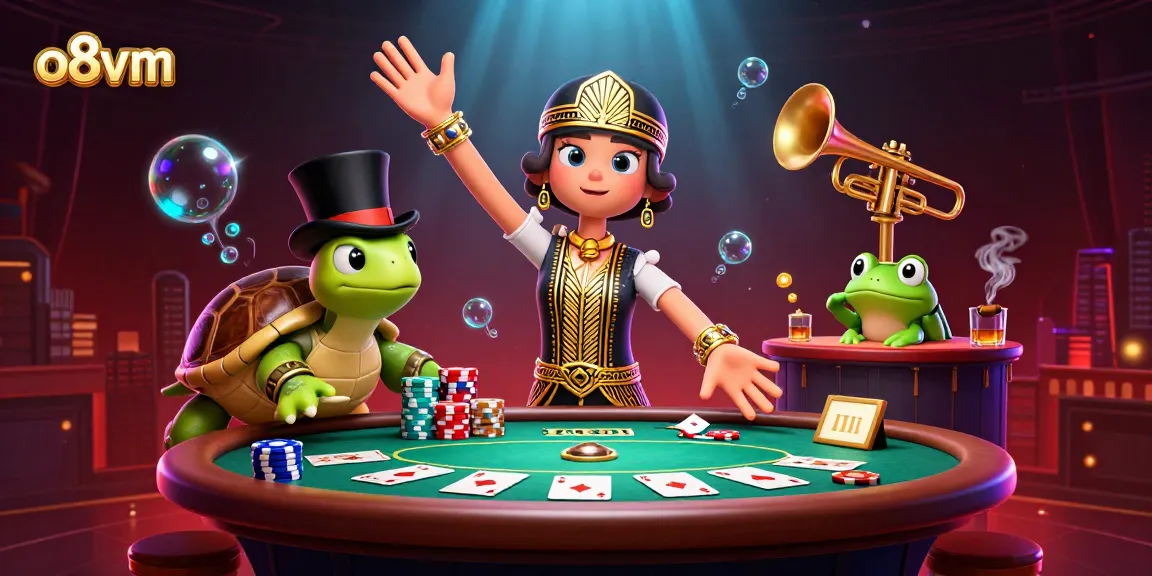 Experience thrilling gameplay at o8vm with cartoon characters enjoying 3D poker excitement.