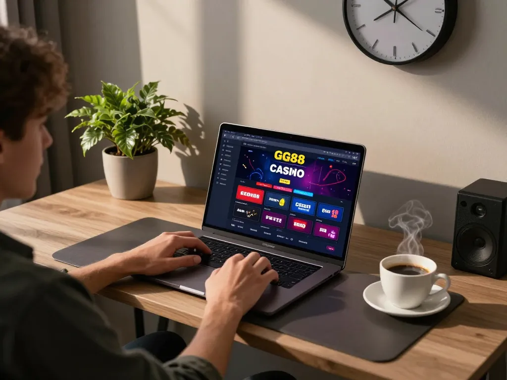 Person using GG88 com online gaming platform in a cozy setting, showcasing responsible gambling practices.