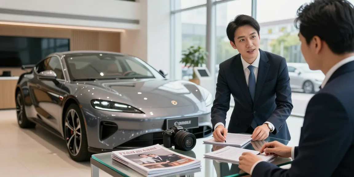 Menampilkan LUXURY 777 di showroom mobil mewah dengan konsultan yang membantu pelanggan.