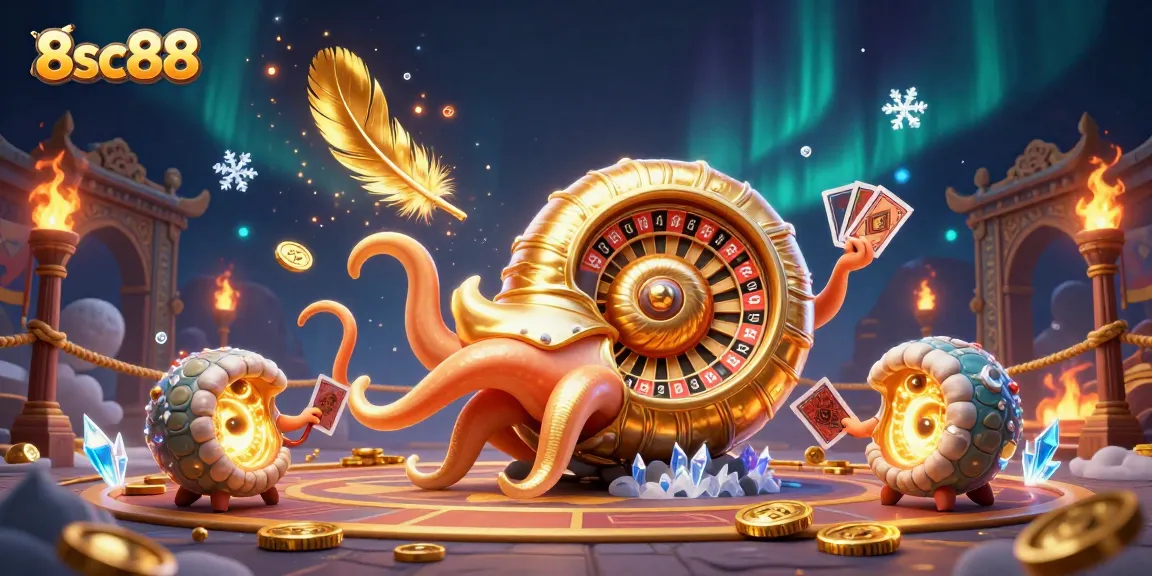 Engage with the thrilling world of 8sc88 featuring a giant nautilus roulette wheel surrounded by glowing fossils and casino elements.