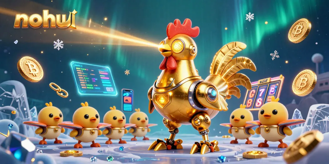 Engage in thrilling nohu gameplay with an animated golden rooster robot and baby chick drones in a vibrant casino scene.