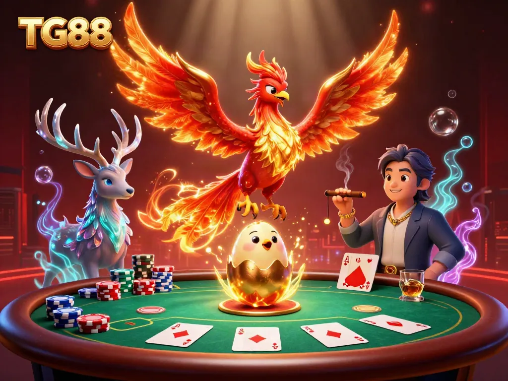 Experience thrilling gameplay at TG88 with vibrant casino elements and dynamic characters in a stunning 3D illustration.