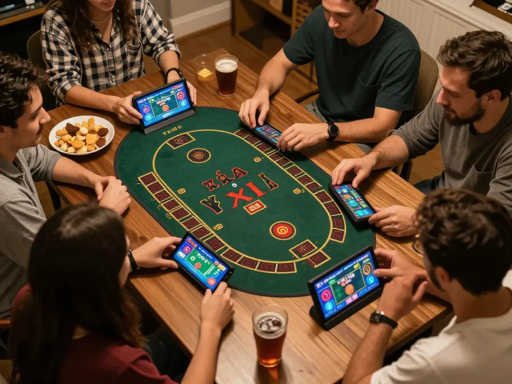 Engaged gamers playing tài xỉu on smartphones, enjoying a social gaming night with strategy discussions and snacks