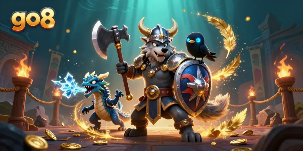 Experience thrilling gaming with the go8 Viking wolf warrior and fierce dragon in an action-packed casino scene.