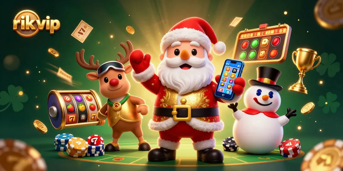 Win big at rik vip with this interactive illustration showcasing a joyful casino scene featuring Santa and friends.