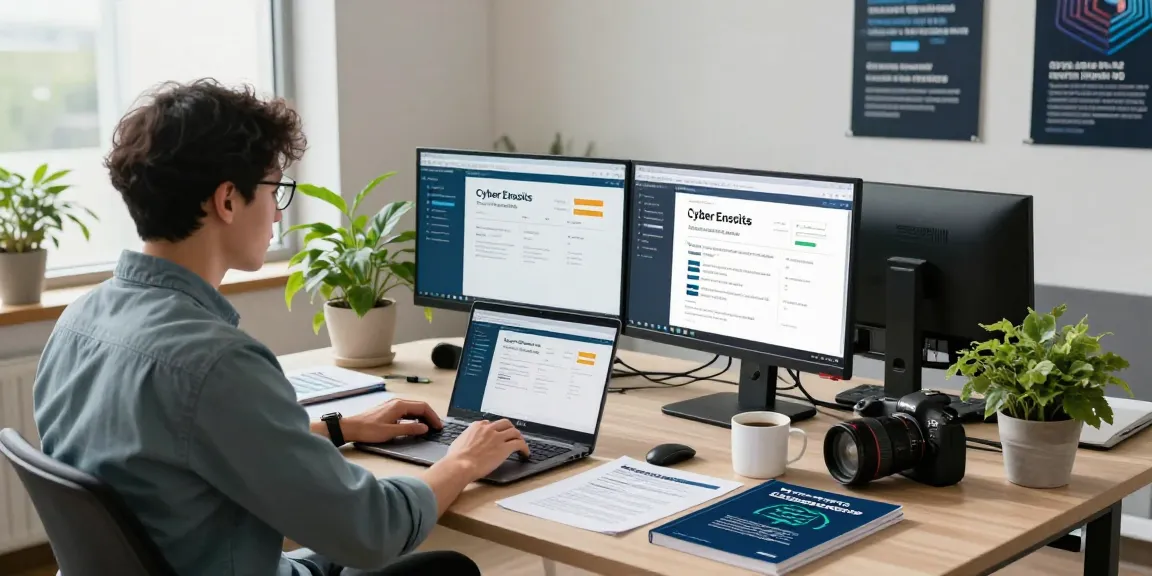 Cyber Essentials accreditation workspace showcasing a cybersecurity specialist working on compliance tasks with a laptop and reference materials.