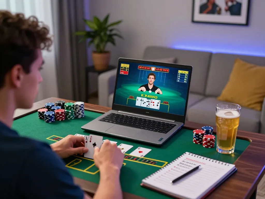Sunwingo online gaming scene with player focusing on blackjack strategies in a cozy home