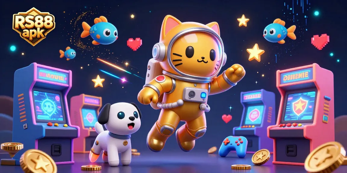 Engage with RS88 apk through an ultra-detailed 3D illustration showcasing arcade games and a vibrant casino environment.