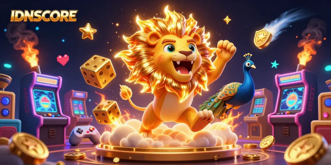IDNSCORE gaming experience illustrated with vibrant characters and casino elements, showcasing dynamic slots and excitement.