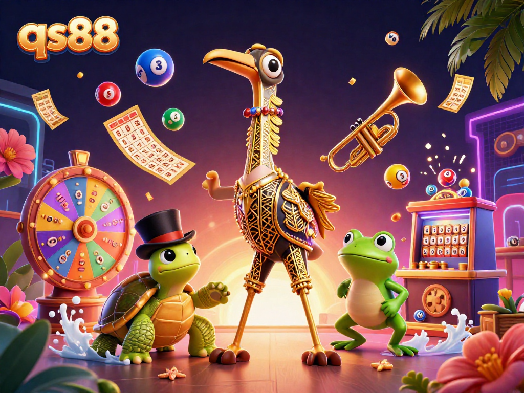 Experience winning excitement at qs88 with a vibrant 3D illustration featuring casino characters and dynamic game elements.