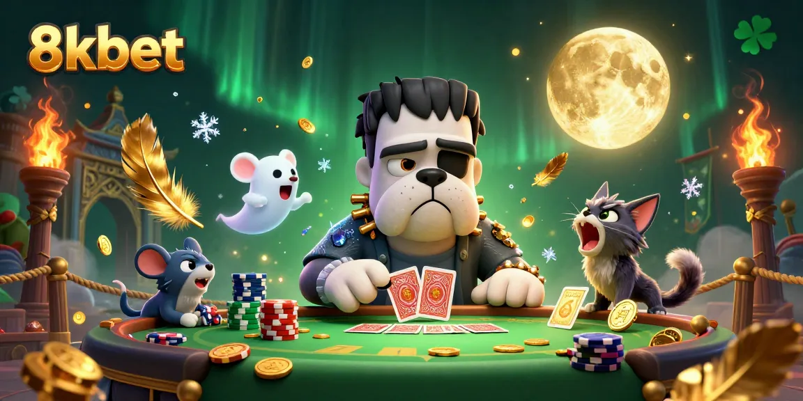 Experience exciting card games at 8xbet with a whimsical 3D illustration of a card-dealing Frankenstein bulldog