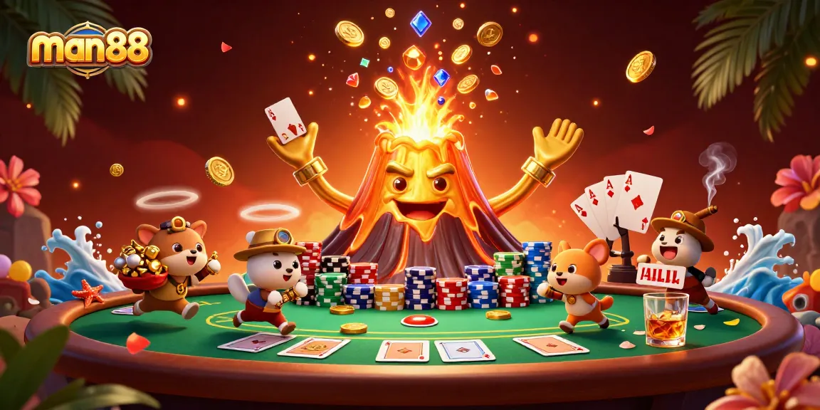 Join man88 at a vibrant casino scene with a golden volcano erupting coins and treasures.