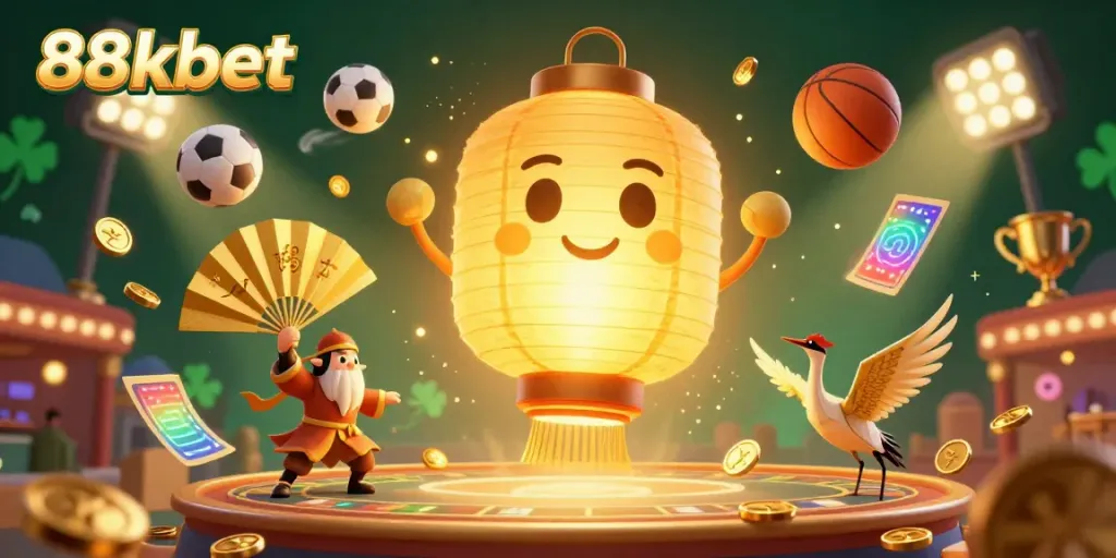 A vibrant casino scene showcasing 88kbet with a glowing golden lantern spirit and animated sports balls, rich in details and excitement.