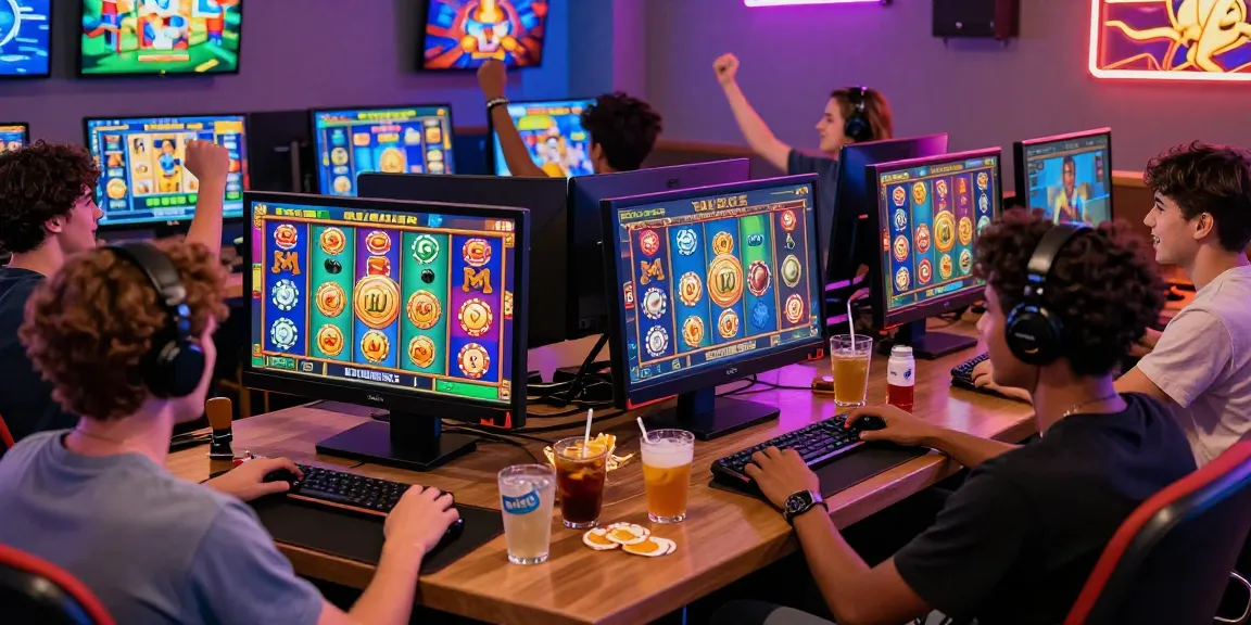 Excited gamers engaging with situs slot deposit 10 ribu in a vibrant digital gaming lounge.
