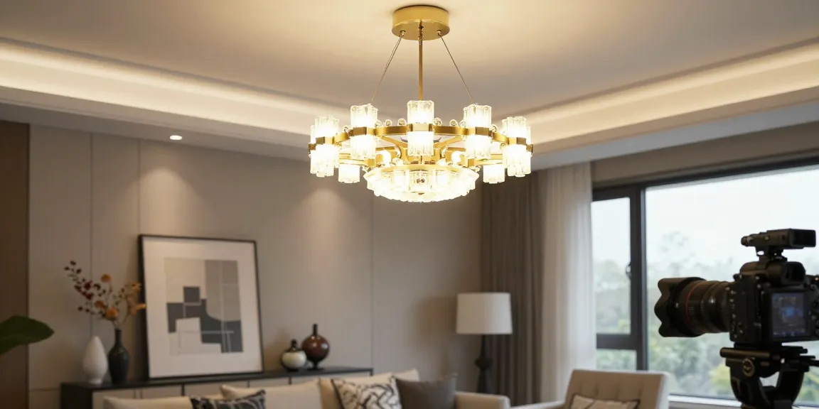 Candelabru LED elegant într-un living modern cu mobilă rafinată și lumină naturală.