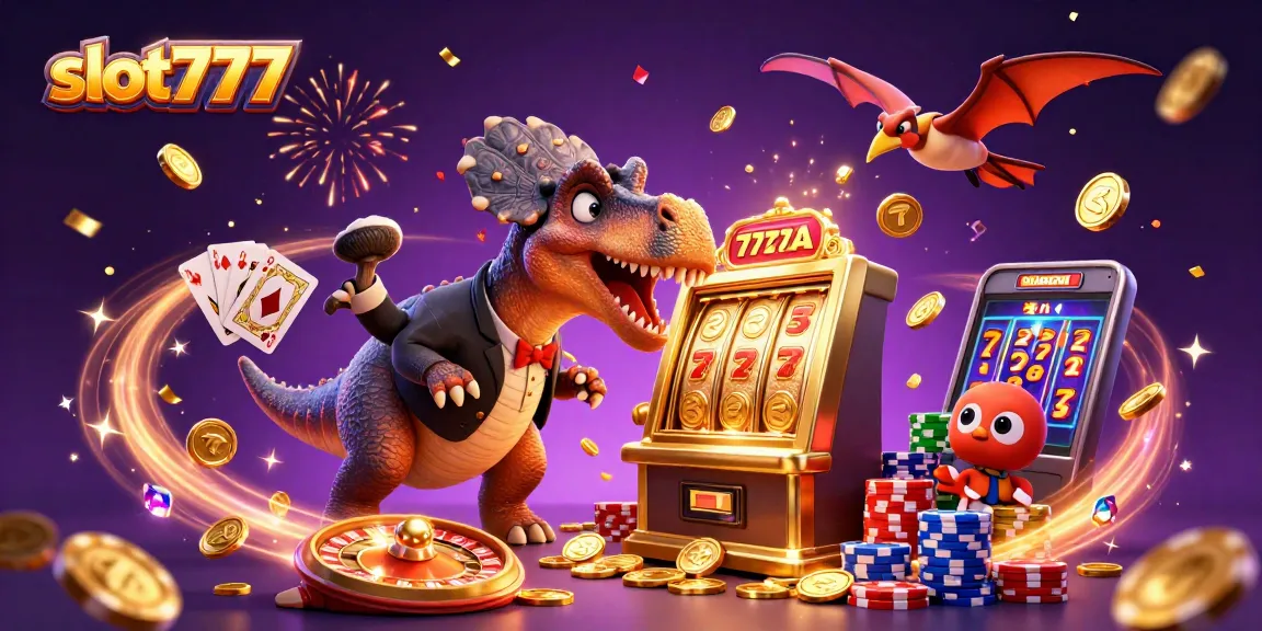 Experience thrilling wins with slot777 as dinosaurs bring the jackpot to life in a dynamic 3D casino scene.
