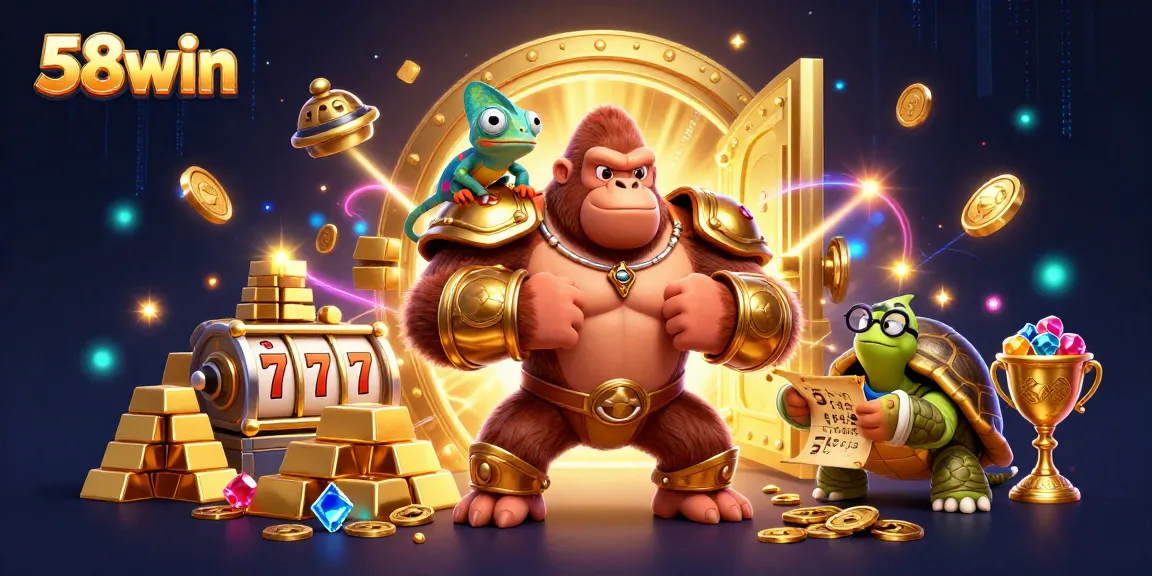 Engage with 58win's vibrant casino realm featuring a powerful gorilla king and colorful chameleon.