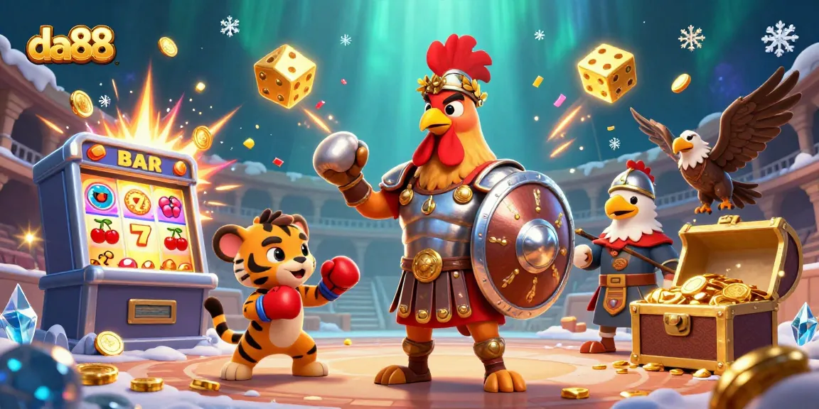Engage with thrilling da88 jackpots as a rooster gladiator stands victorious amidst casino excitement.