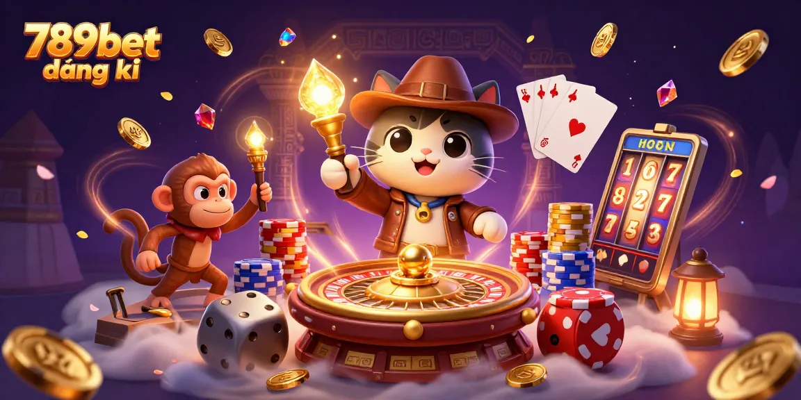Experience thrilling adventures with the 789bet đăng ký illustration featuring an archaeologist cat and vibrant casino elements.