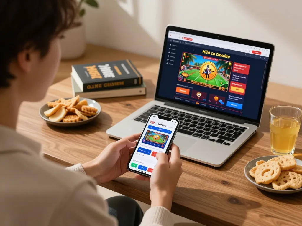 The player enjoys a fun session on the nhà cái gg88 app, highlighting responsible gaming in a cozy atmosphere.
