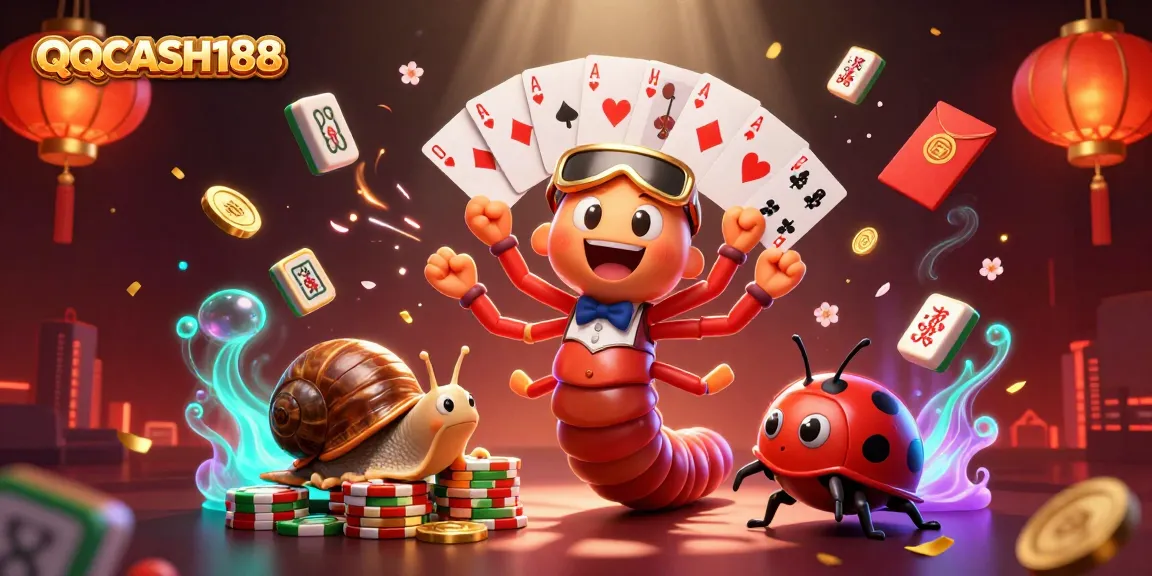 Experience QQCASH188 excitement with a lively scene featuring a millipede dealer, colorful casino elements, and vibrant decorations.