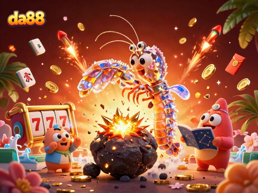 Experience the thrill of da88 with a vibrant 3D illustration of a galactic shrimp conquering a jackpot!