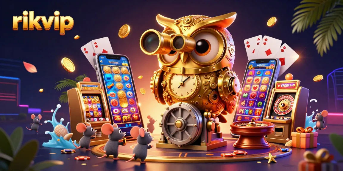 Experience the excitement at rikvip with a vibrant 3D illustration showcasing colorful slot games and casino elements.