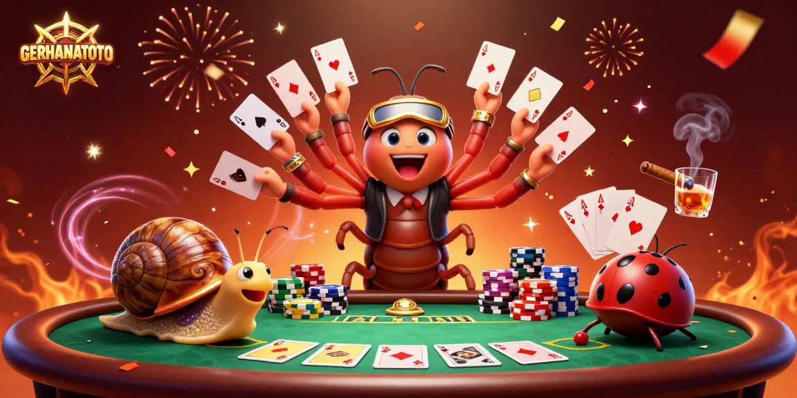GERHANATOTO menyajikan dealer kartu 3D dan chip besar dalam taman poker yang meriah dan penuh warna.