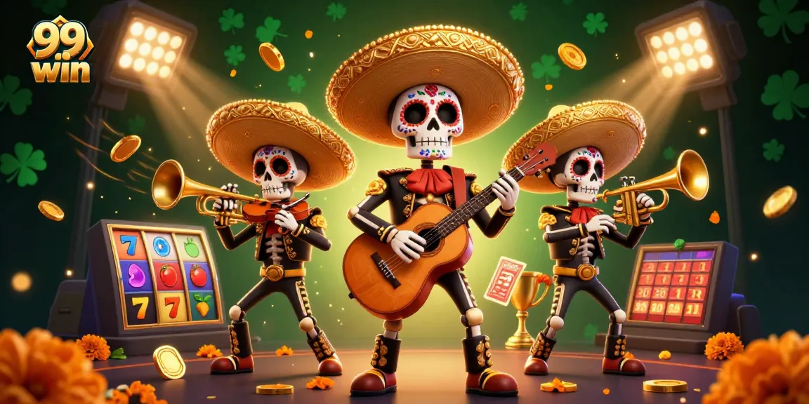 Experience vibrant play at 99win with a lively mariachi skeleton band amidst slot game symbols.