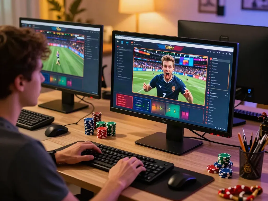 Engaging scene of sports betting experience at fabet with colorful graphics and gaming props.