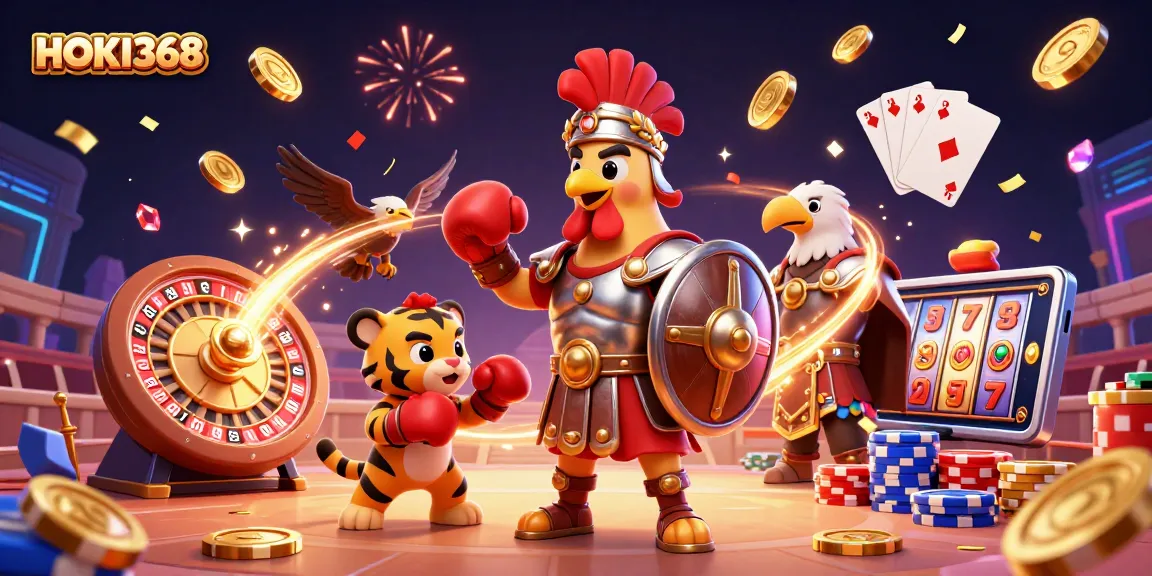 Experience exciting gameplay at HOKI368 with a dynamic scene of a gladiator rooster and gambling elements.