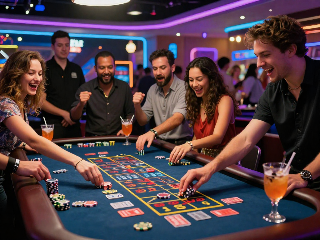 Giocatori intorno al tavolo della roulette in un casino non aams sicuri, atmosfera vibrante e coinvolgente.