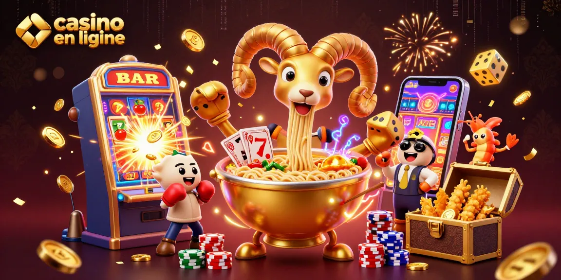 Casino en ligne : Une illustration dynamique avec des personnages de sushi et ramen, fortune et jeux.