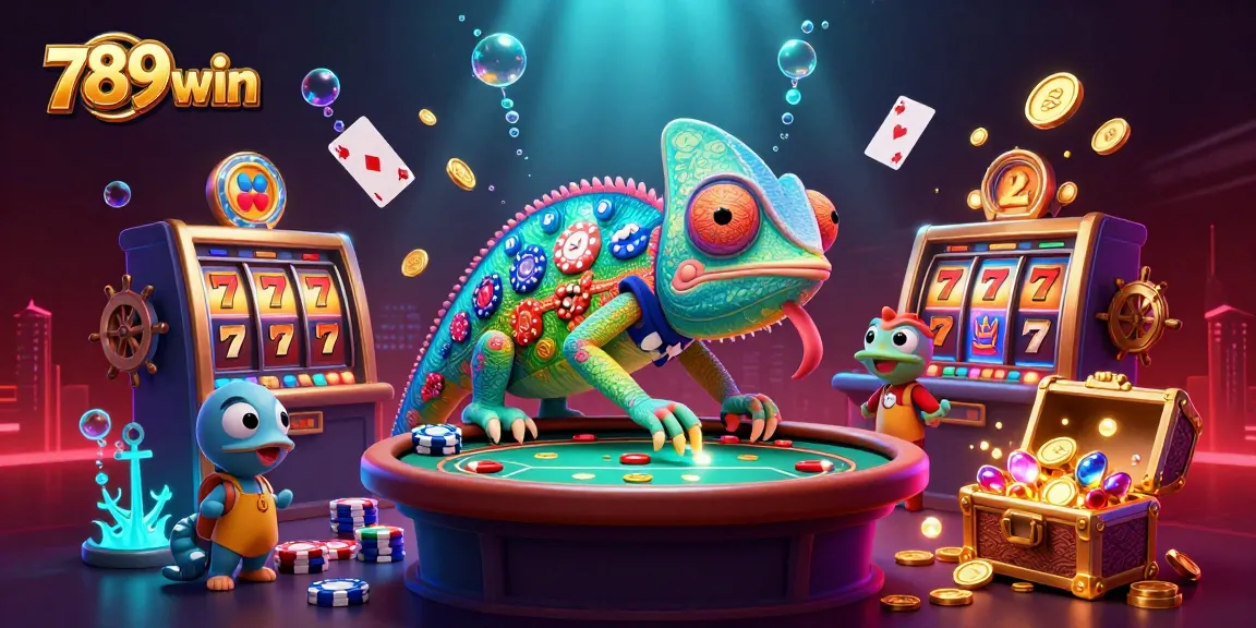 Experience the lively casino world of 789win with colorful chameleon characters and dynamic slot elements.