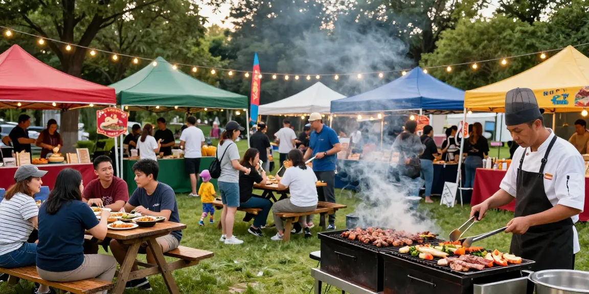 Pengunjung festival makanan menikmati hidangan BBQ bos88 di taman yang cerah.