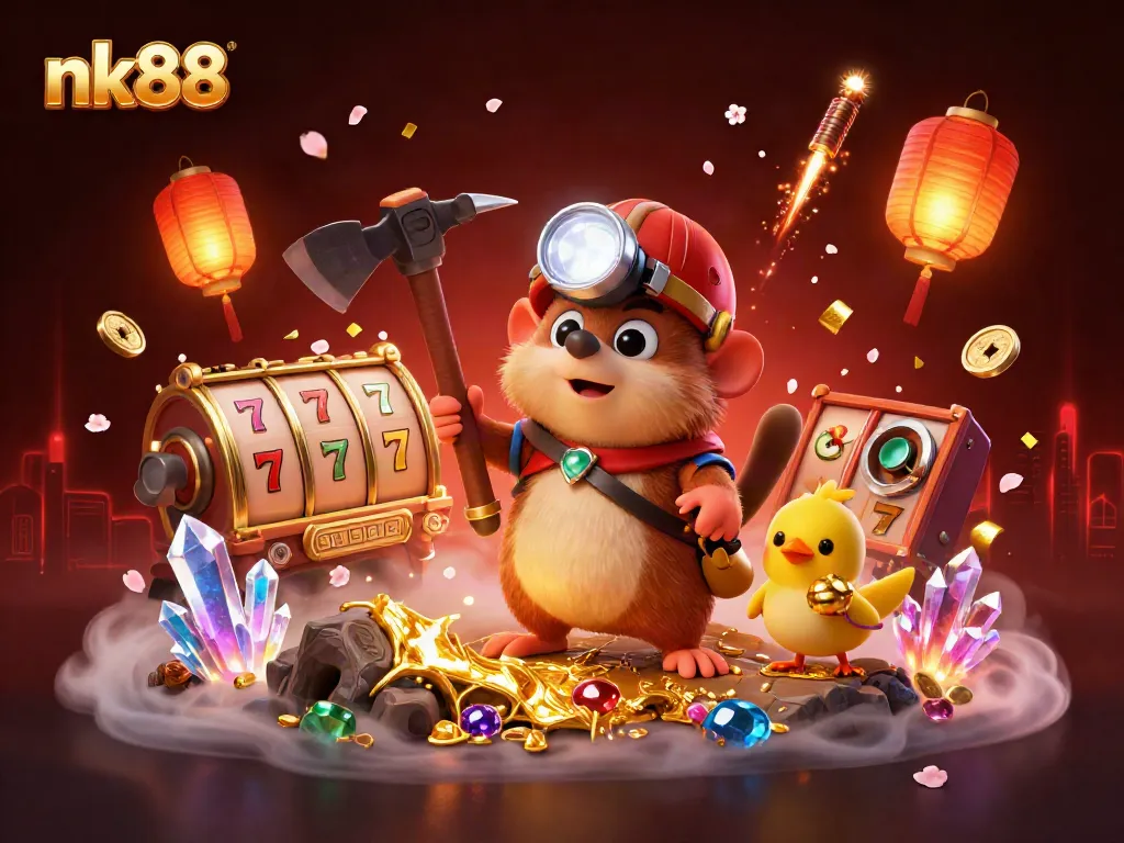 Engage with nk88 as a treasure hunter mole explores a vibrant casino world filled with festive elements.