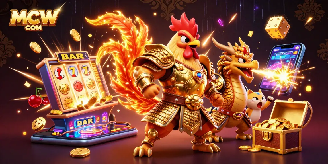 Engage in thrilling action with MCW COM's dynamic casino scene featuring slot machines, a warrior rooster, and a roaring dragon!
