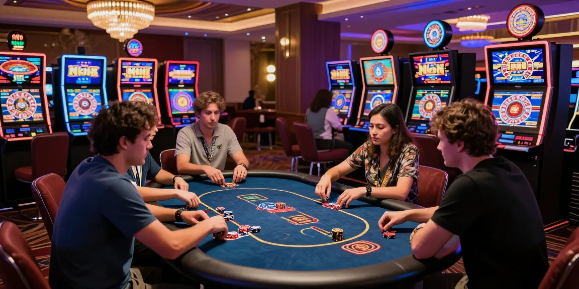 Giocatori coinvolti in un casinò non AAMS sicuri, concentrati su un tavolo di poker virtuale con luci colorate e atmosfera vivace.