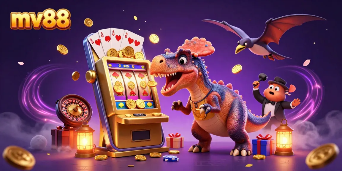 Experience the thrill of mv88 as a pachycephalosaurus wins a jackpot while a panicked manager and a pteranodon catch flying coins.