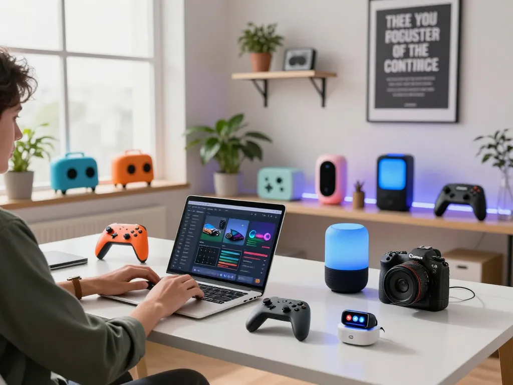 Person engaging with unique tech gadgets in a modern workspace, showcasing creative technology integration.