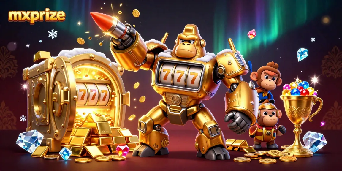 Experience the thrill of mxprize with a dynamic 3D illustration of a golden gorilla mech and treasures.