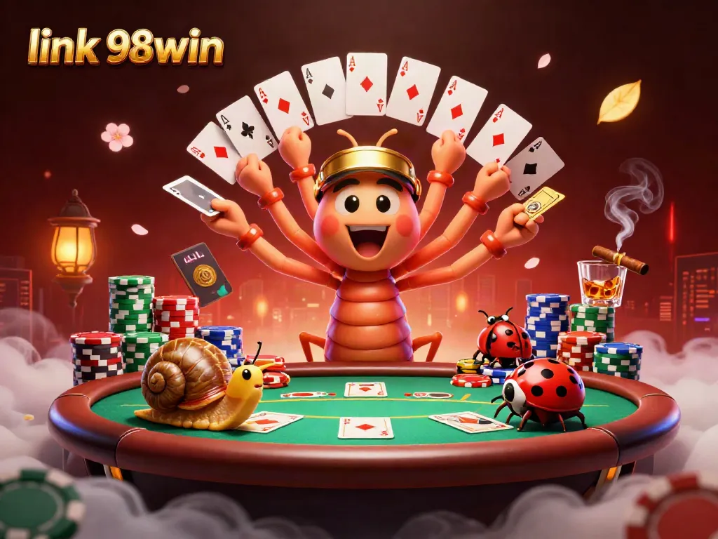 Players enjoy a vibrant casino scene with the interactive link 98win represented creatively, showcasing engaging games and atmosphere.