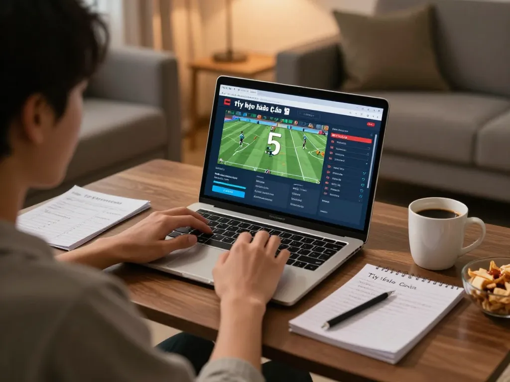 Engaging in sports betting with tỷ lệ kèo nhà cái 5 on a laptop surrounded by strategy notes.